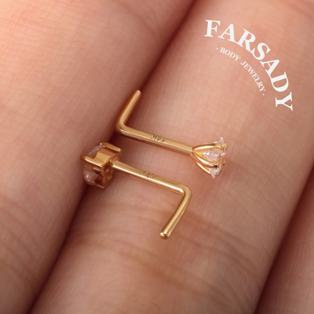 Minimal Heart & Star CZ - Solid 14K Gold L-Shape Stud / Fit 20G Nostril Piercing