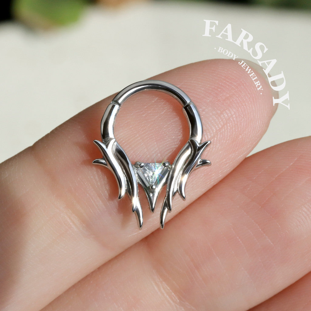 16G Thron Theme Septum Ring with Triangle Stone: Original Design Daith Earring Hoop, 8/10mm Hinged Septum Clicker, 316L Steel Nose Ring Hoop