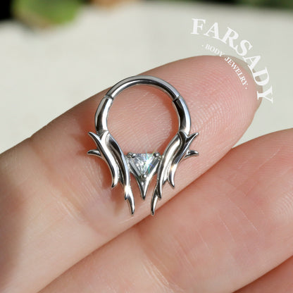 16G Thron Theme Septum Ring with Triangle Stone: Original Design Daith Earring Hoop, 8/10mm Hinged Septum Clicker, 316L Steel Nose Ring Hoop