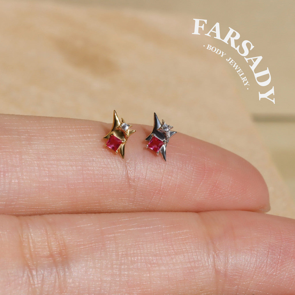 Sterling Silver Pink CZ Star Stud Earring Threadless Push In Post Earrings | 16G 18G 20G Flat Back Tragus Helix Cartilage Piercing Earring