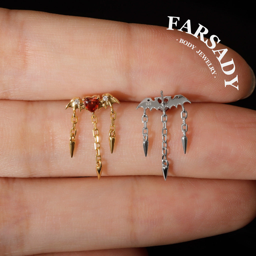 Bat Hidden Helix Piercing Earring Spike Dangle Threadless Push In Stud Floating Helix Jewelry 16G 18G 20G 18K Gold Plated Sterling Silver Goth Cartilage Piercing