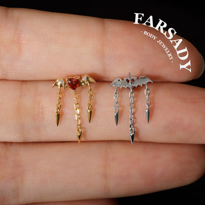 Bat Hidden Helix Piercing Earring Spike Dangle Threadless Push In Stud Floating Helix Jewelry 16G 18G 20G 18K Gold Plated Sterling Silver Goth Cartilage Piercing