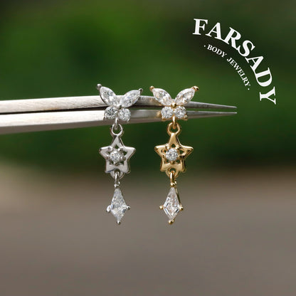 Sterling Silver Butterfly Dangle Cartilage Stud Earring • Threadless Push In Flat Helix Piercing Jewelry Flat  Back Earring Plated 18K Gold