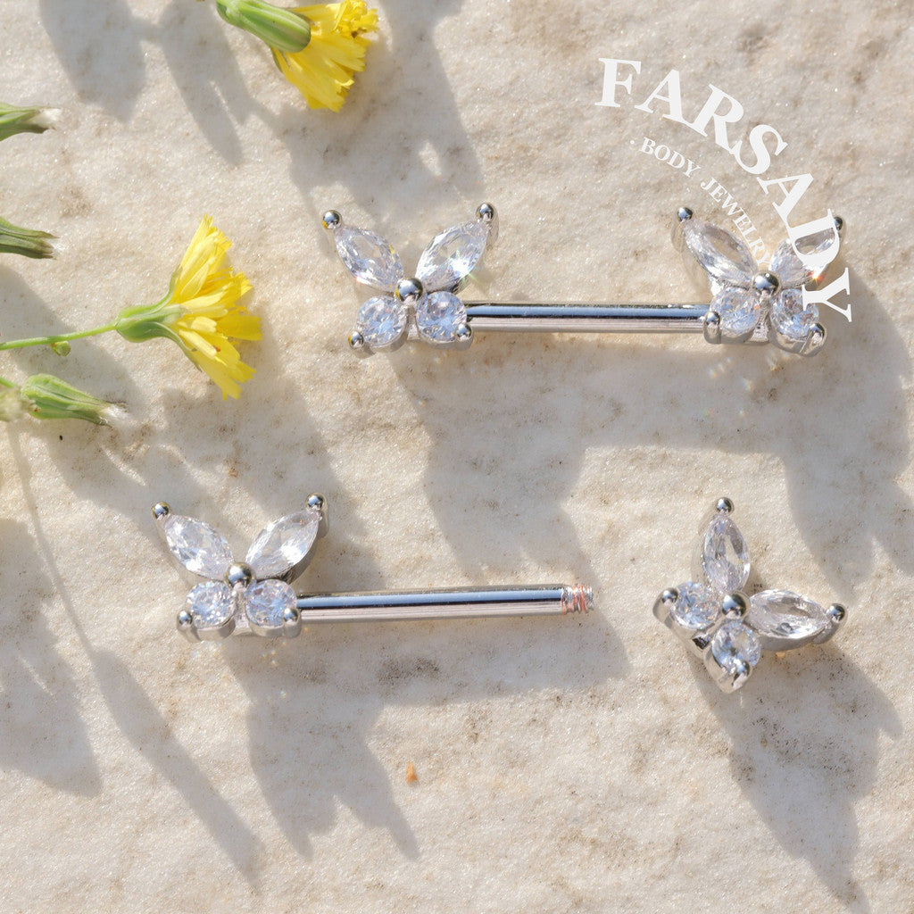 Crystal Butterfly - 2PCS Clear CZ Straight Barbell / Fits 16G Chest Piercing Nose Bridge