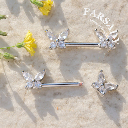 Crystal Butterfly - 2PCS Clear CZ Straight Barbell / Fits 16G Chest Piercing Nose Bridge