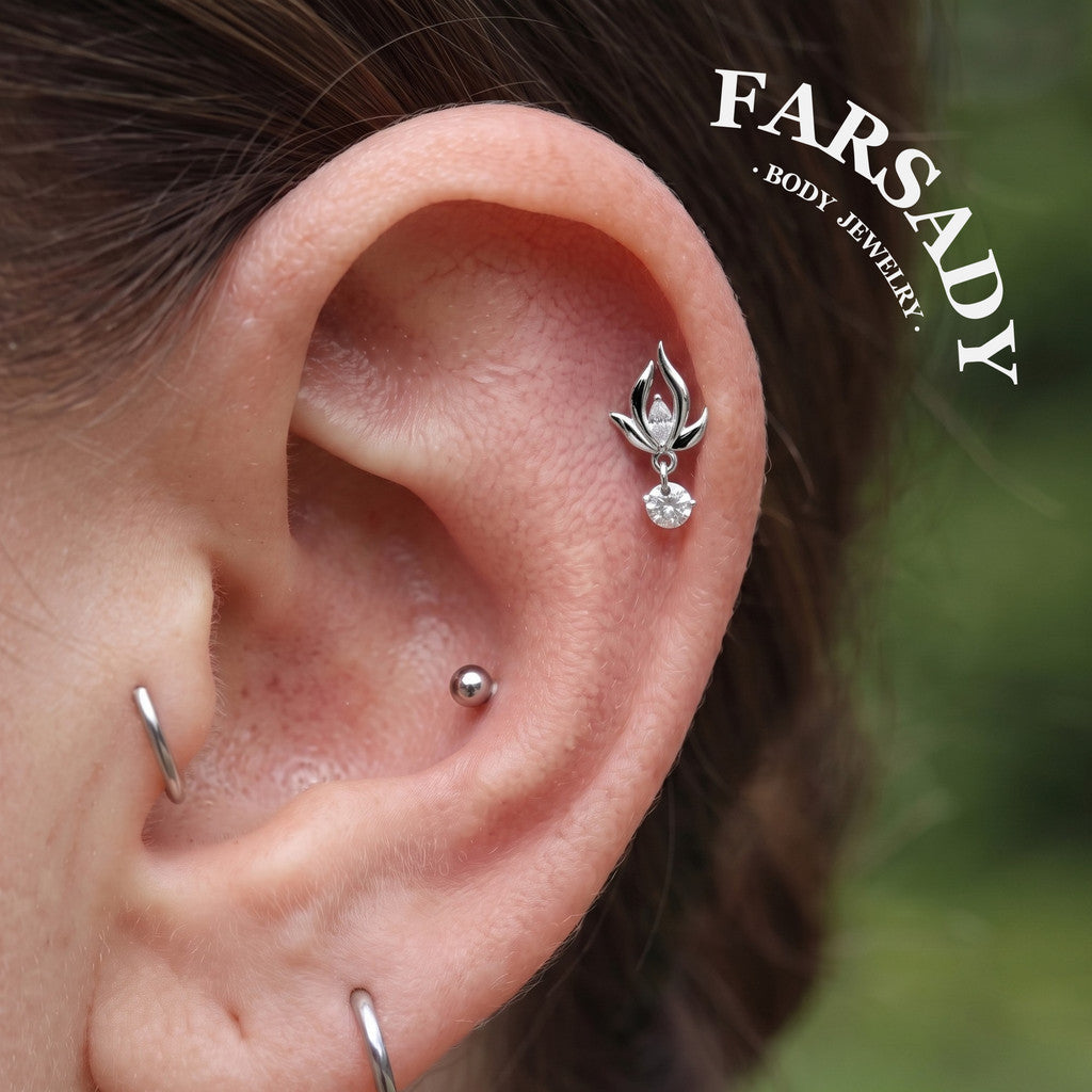Lunar Bloom - 925 Silver Threadless Stud / Fits Cartilage Helix Tragus Lobe Piercing