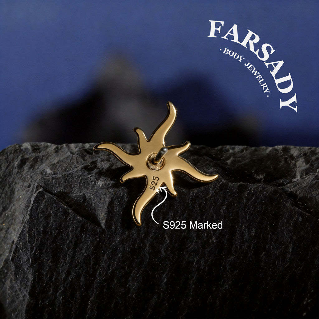 Flame Star - 925 Silver Threadless Stud / Fits Cartilage Helix Tragus Lobe Nostril Piercing