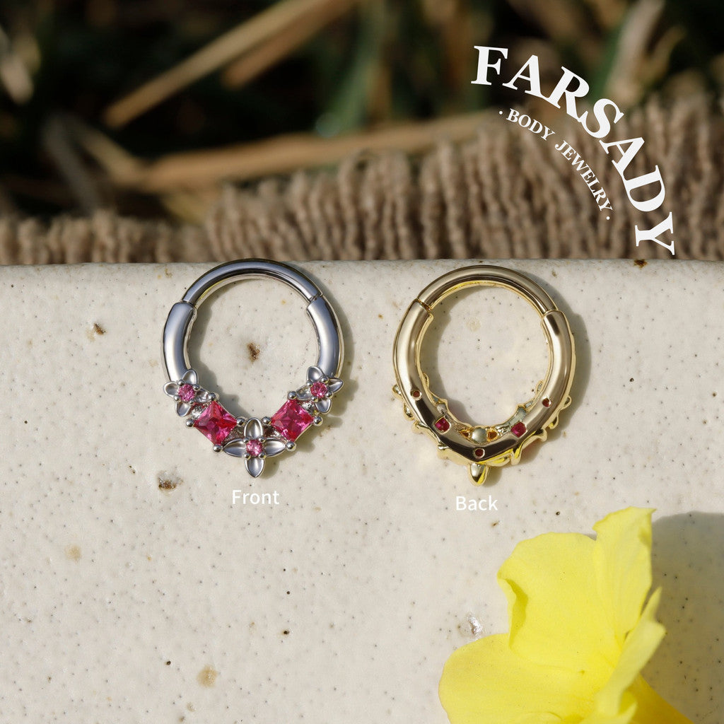 16G Steel Flower Septum Nose Ring, Silver Daith Hoop Earring, Original Design Hinged Septum Clicker, Helix Tragus Lobe Hoop Earrings 8mm