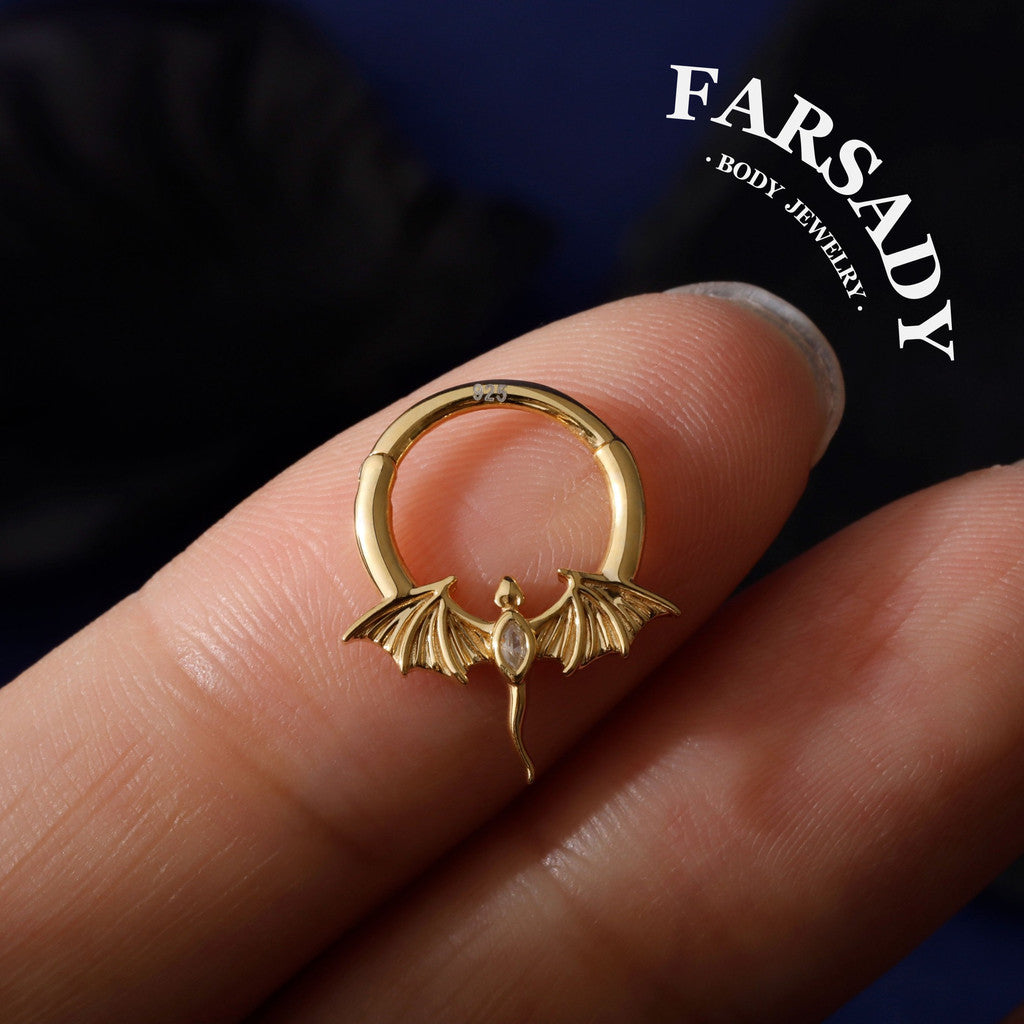 16G Flying Dragon Daith Hoop Earring| Sterling Silver Daith ewelry| Original Design Septum Clicker| Helix Piercing| Gothic Halloween Jewelry