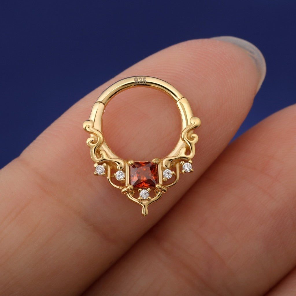 16G Red Gem Gothic Cathedral Daith Earring: 925 Silver Septum Ring Unique Design, Gold Helix Tragus Conch Lobe Clicker Hoop 18K Gold Plated