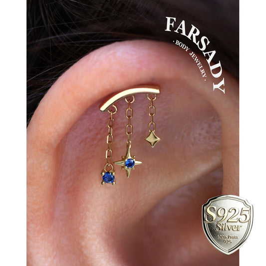 Solid 925 Sterling Silver Helix Chain Earring, 18K Gold Plated Blue CZ Star Dangle, Threadless Push In Hidden Rook Stud Piercing Jewelry