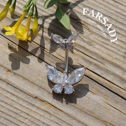 Twin Butterfly Echo - 925 Silver Clear CZ Belly Button Ring / Fits 14G Navel Piercing