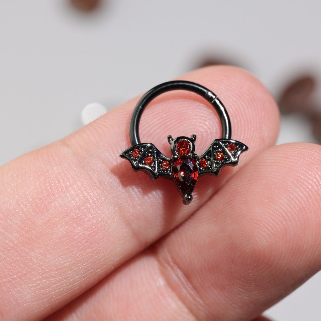 Night Bat - CZ Hinged Clicker Hoop / Fits 16G Septum Ring Helix Conch Cartilage Earring