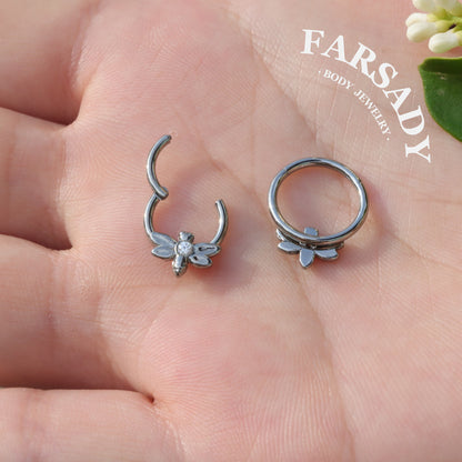 Dew Dragonfly - ASTM F136 Titanium Hinged Clicker Hoop / Fits 16G Septum Ring Helix Conch Cartilage Earring