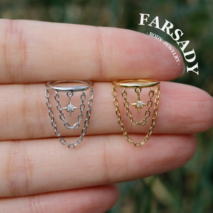 Chain Nova - 925 Silver CZ Hinged Clicker Hoop / Fits 16G Helix Conch Earring