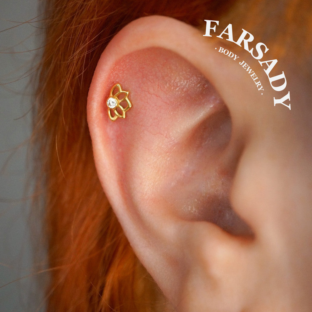 Lotus Radiance - Solid 14K Gold Threadless Stud / Fits Cartilage Helix Tragus Lobe Nostril Piercing