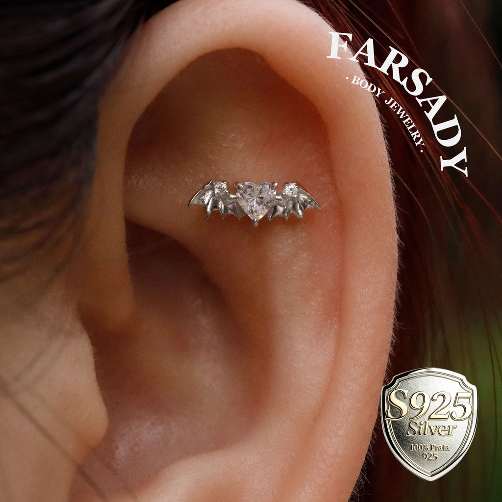 Bat Wing Heart Gem Flat Helix Threadless Stud: Sterling Silver Cartilage Earring, 18K Gold Plated Helix Conch Tragus Lobe Piercing Jewelry