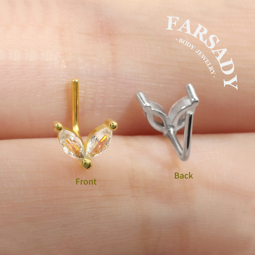 Twin Marquise Sprout - 925 Silver L-Shape Stud / Fit 20G Nose Ring