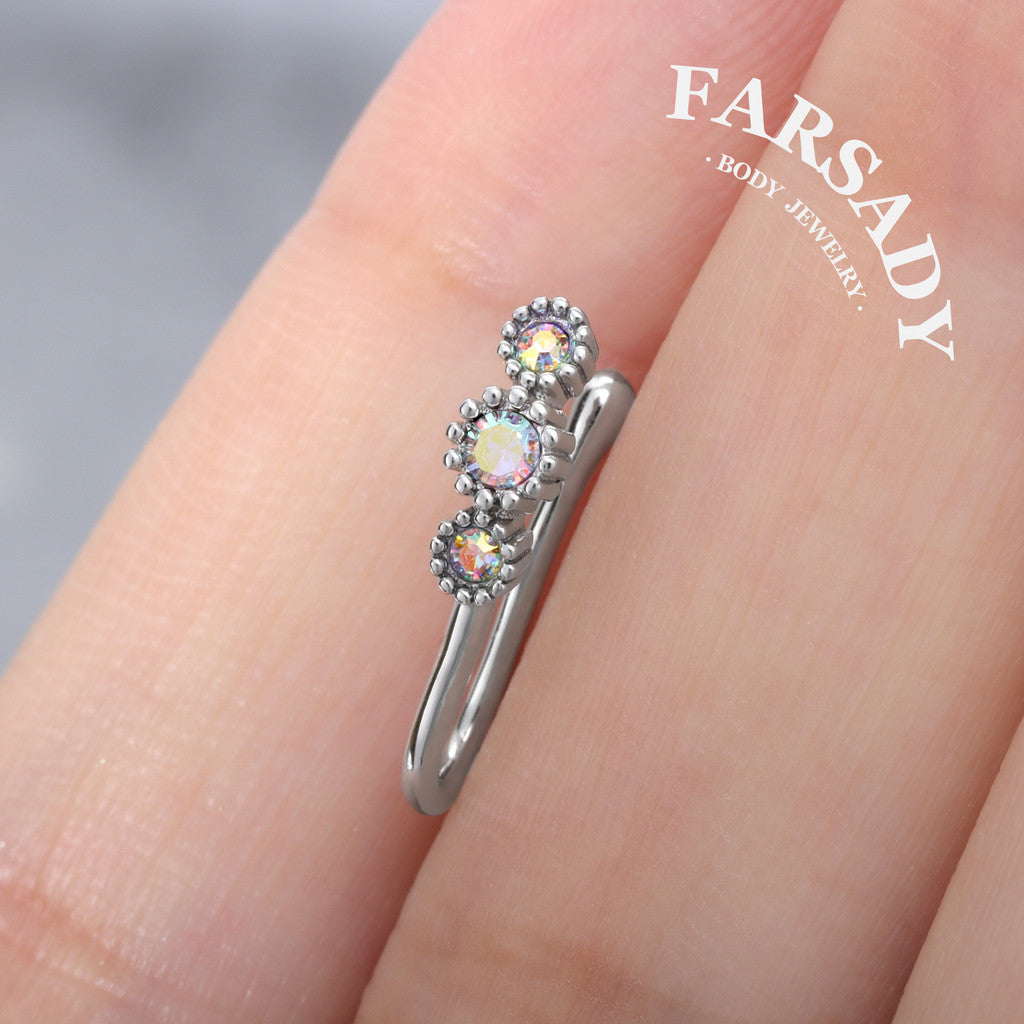 Three Bezel AB CZ Hook - 925 Silver Fake Nose Ring / Fit Non-Pierced Nose Ring
