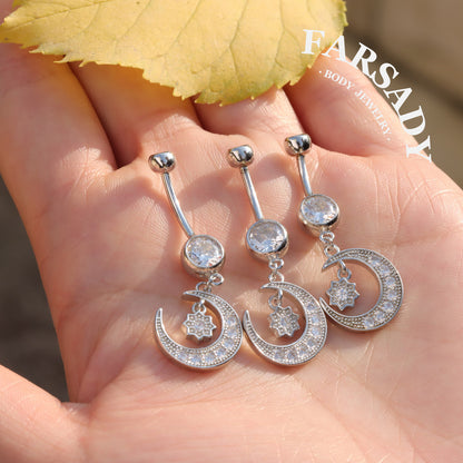 Midnight Orbit - 925 Silver Clear CZ Belly Button Ring / Fits 14G Navel Piercing