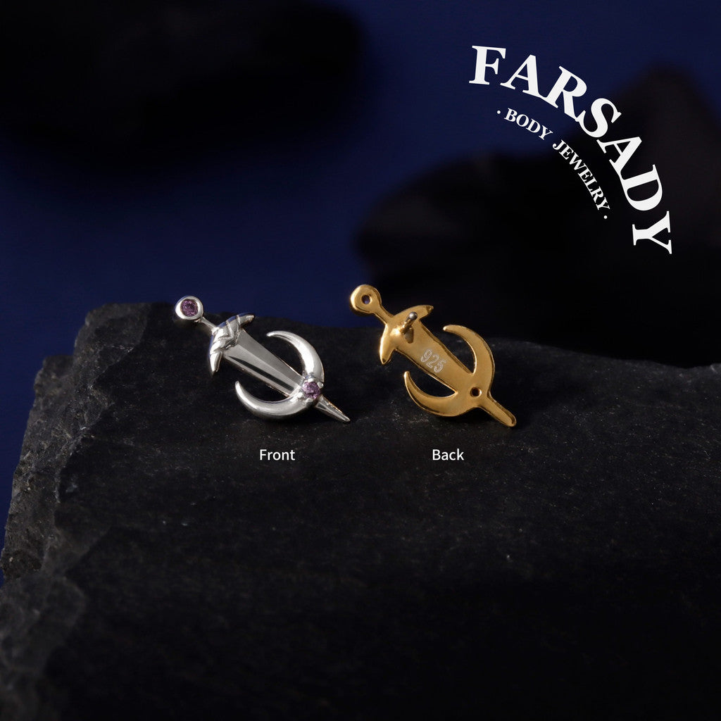 Lunar Sword - 925 Silver Threadless Stud / Fits Cartilage Helix Tragus Lobe Nostril Piercing