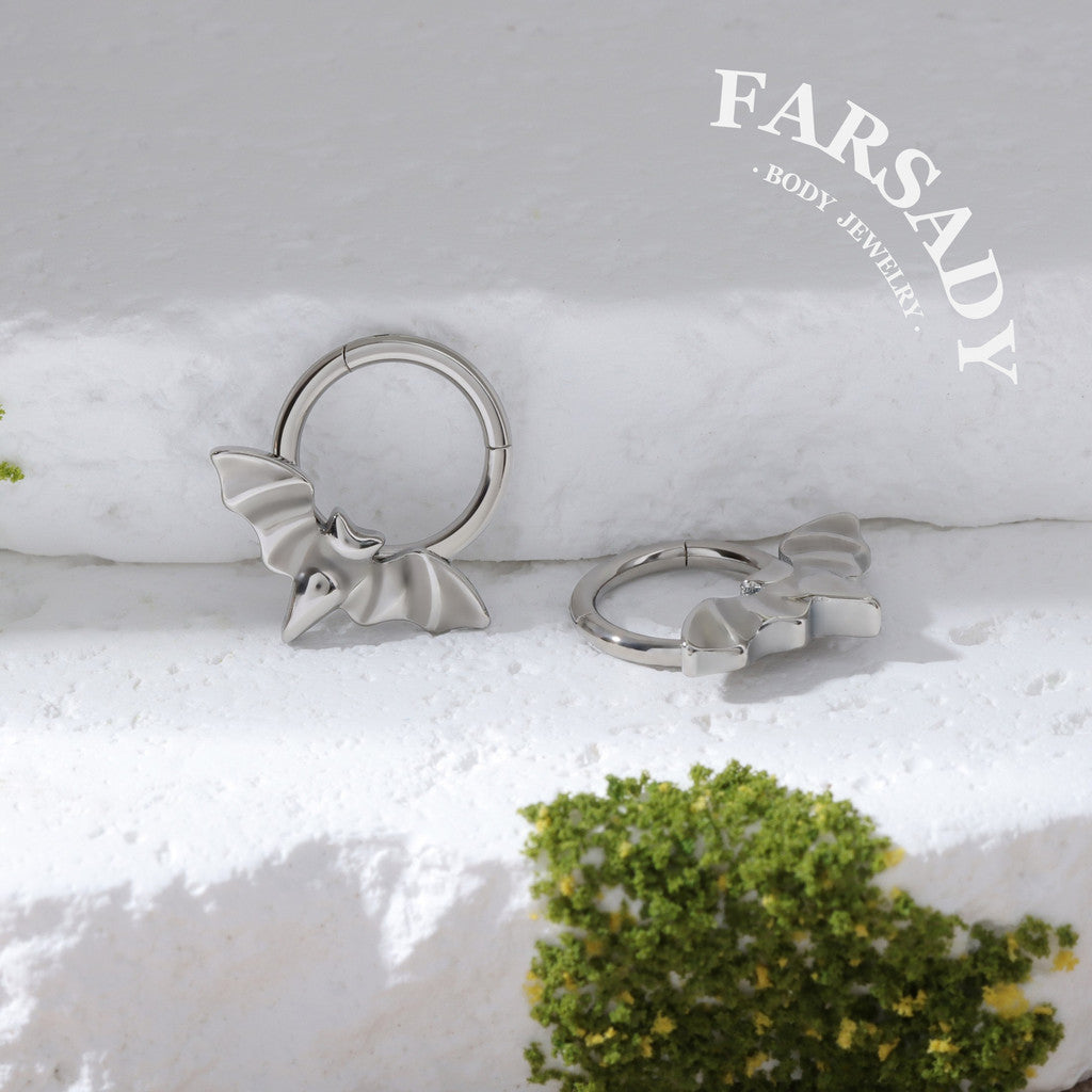 Bat Charm - F136 Titanium Hinged Clicker Hoop / Fits 16G Septum Ring Helix Conch Cartilage Earring