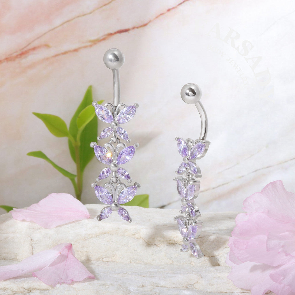 Lavender Butterfly Drift - 316L Purple CZ Belly Button Ring / Fits 14G Navel Piercing