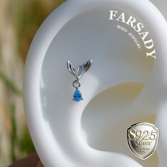 Mermaid Tail Flat Helix Dangle Stud: Blue Gem Tragus Helix Lobe Threadless Push In Cartilage Earring, 925 Silver Plated 18k Gold,Nickle-Free