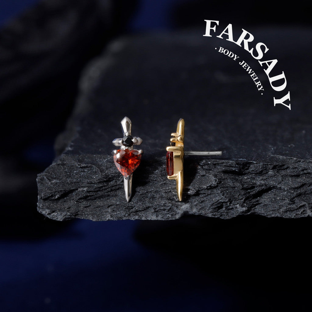 Sword Heart - Sterling Silver Push In Stud / Fits Cartilage Helix Tragus Lobe Earring  Nose Stud / Threadless Flat Back Piercing, Hypoallergenic Jewelry for Sensitive Skin