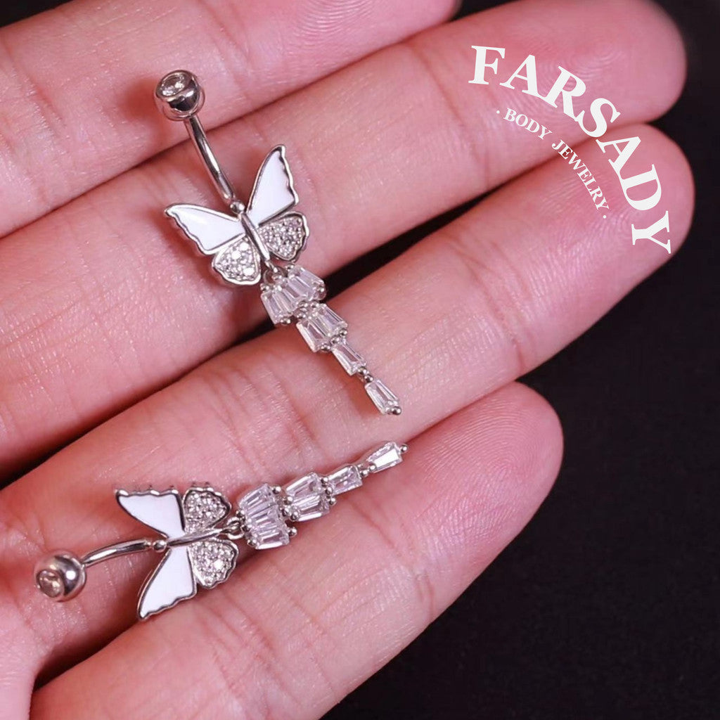 14G Sterling Silver White Butterfly Belly Button Ring | S925 Navel Piercing Jewelry | 5A Cubic Zirconia Dangle Navel Ring | Elegant Daily Wear Piercing Jewelry with Gift Box