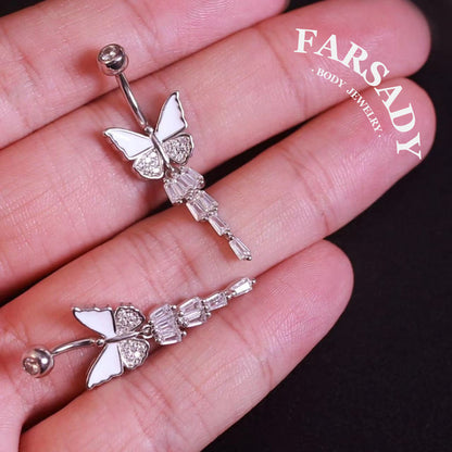14G Sterling Silver White Butterfly Belly Button Ring | S925 Navel Piercing Jewelry | 5A Cubic Zirconia Dangle Navel Ring | Elegant Daily Wear Piercing Jewelry with Gift Box