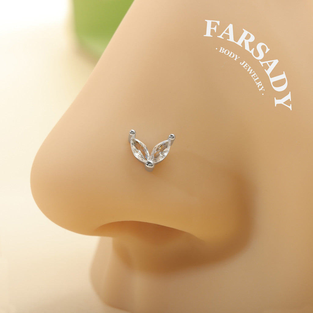 Twin Marquise Sprout - 925 Silver L-Shape Stud / Fit 20G Nose Ring