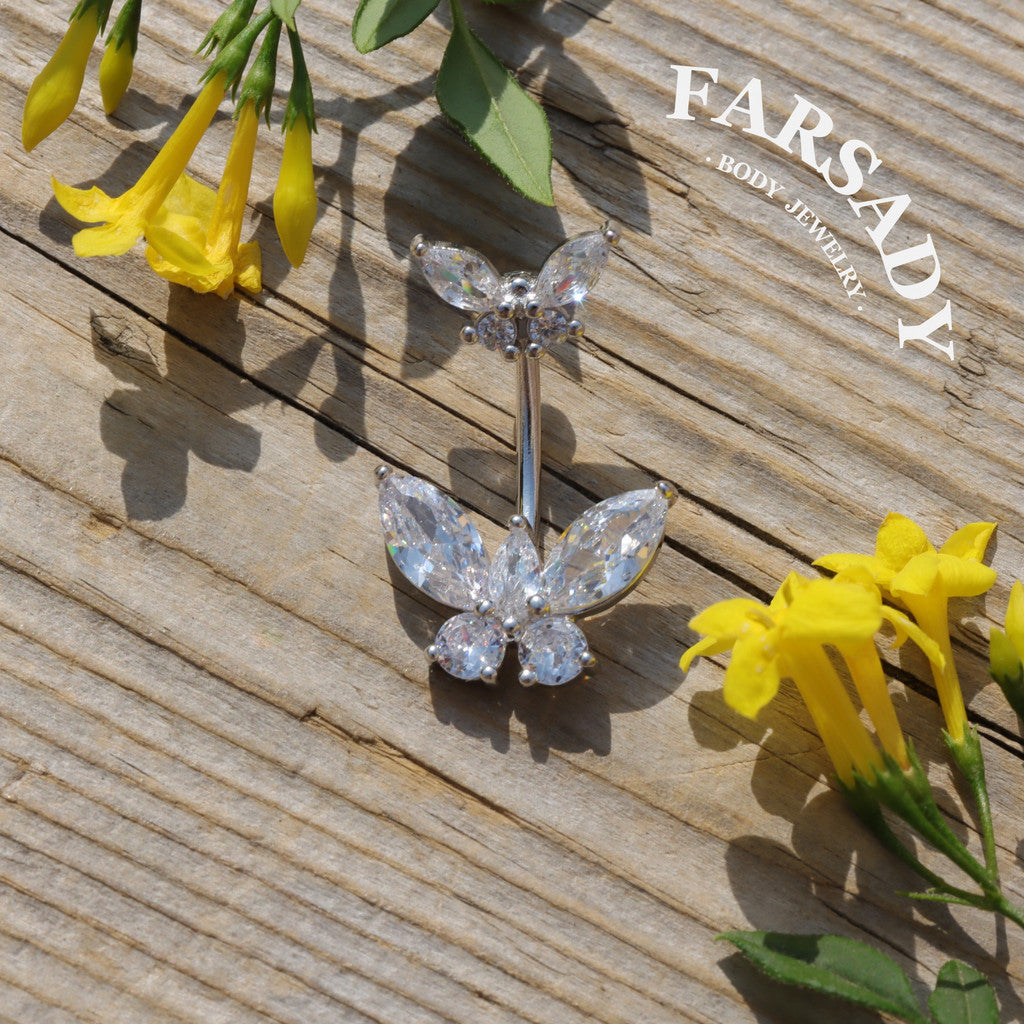 Twin Butterfly Echo - 925 Silver Clear CZ Belly Button Ring / Fits 14G Navel Piercing
