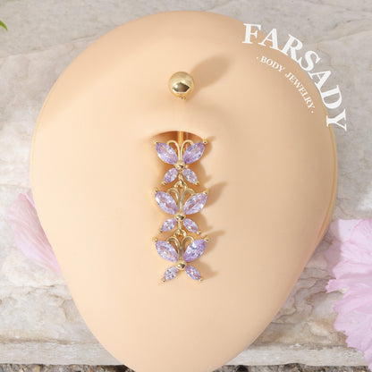 Lavender Butterfly Drift - 316L Purple CZ Belly Button Ring / Fits 14G Navel Piercing