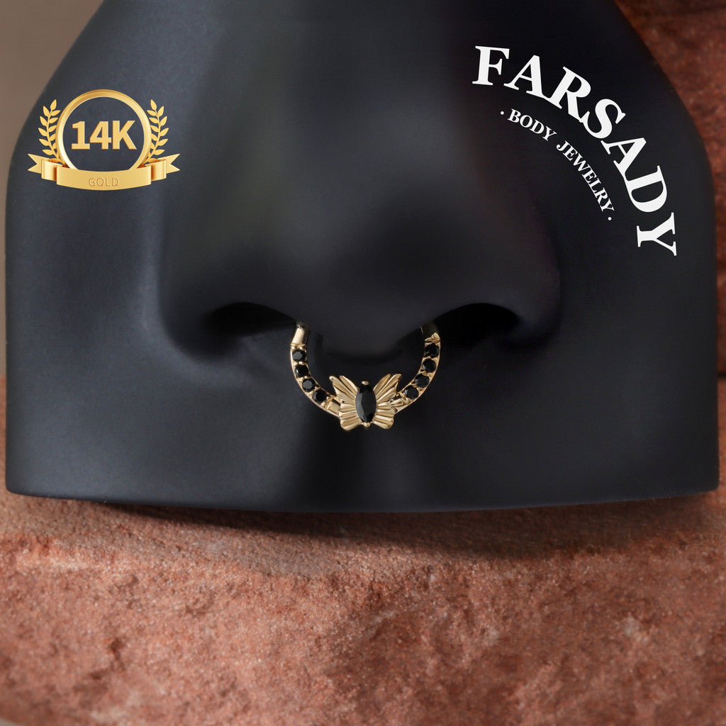 Noir Flutter - Solid 14K Gold Hinged Clicker Hoop / Fits 16G Septum Ring Helix Conch Cartilage Earring