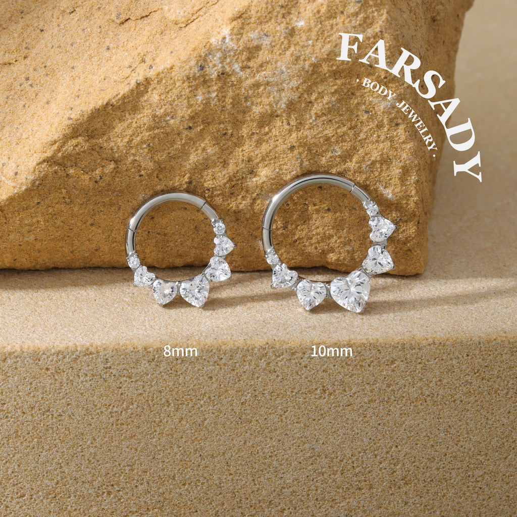 16G Titanium 5 Heart CZ Septum Ring & Hoop Earring | Hinged Clicker for Daith, Helix and Tragus  | Elegant Sparkling CZ Piercing Jewelry in Silver & Gold, Daily Wear with Gift Box