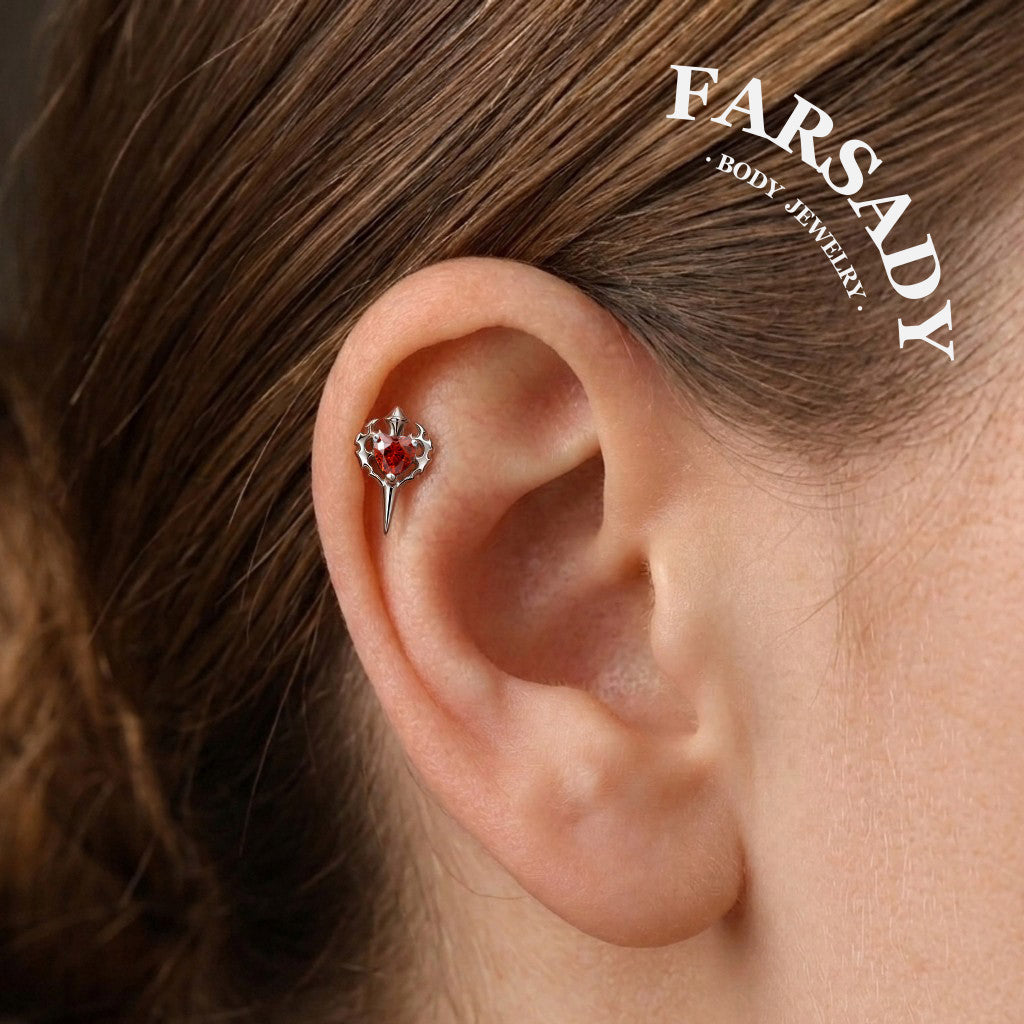 Sterling Silver Flame Red Heart Sword Threadless Helix Stud• 925 Silver & F136 Titanium Earrings• Romantic Gothic Jewelry•Flat Back Cartilage Tragus Jewelry