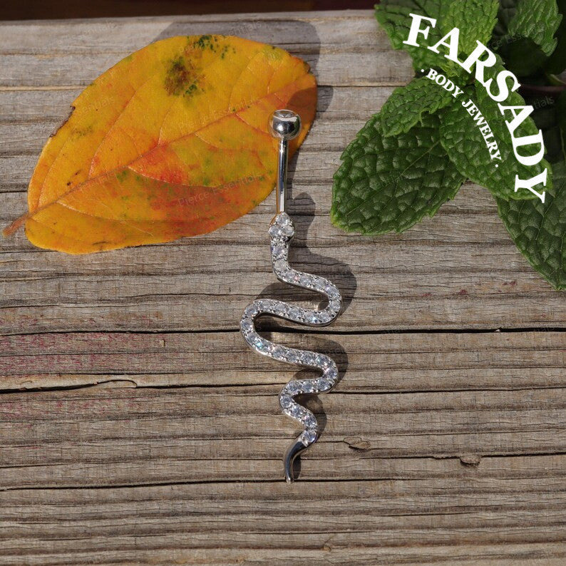 14G Sterling Silver Snake Belly Button Ring - S925 Clear CZ 6mm 8mm 10mm 12mm Navel Body Piercing Jewelry - Minimalist Body Jewelry