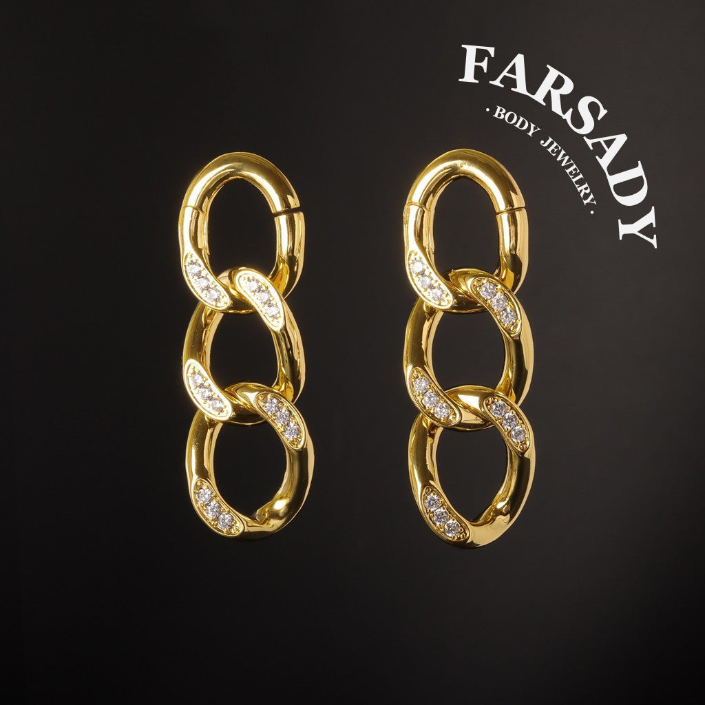 Cuban Chain Ear Weights Hanger Easy Closure Mirror Polished CZ Paved Ear Gauge Jewelry 4mm Steel Weighted Ear Hoop Clicker for Stretched Earlobe