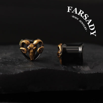 Handmade Ram Skull Ear Plugs Golden Black Acrylic Tunnels Gothic Animal Skull Gauges Unique Ear Stretching Jewelry 8mm 10mm 12mm 14mm Lobe Piercing Body Jewelry