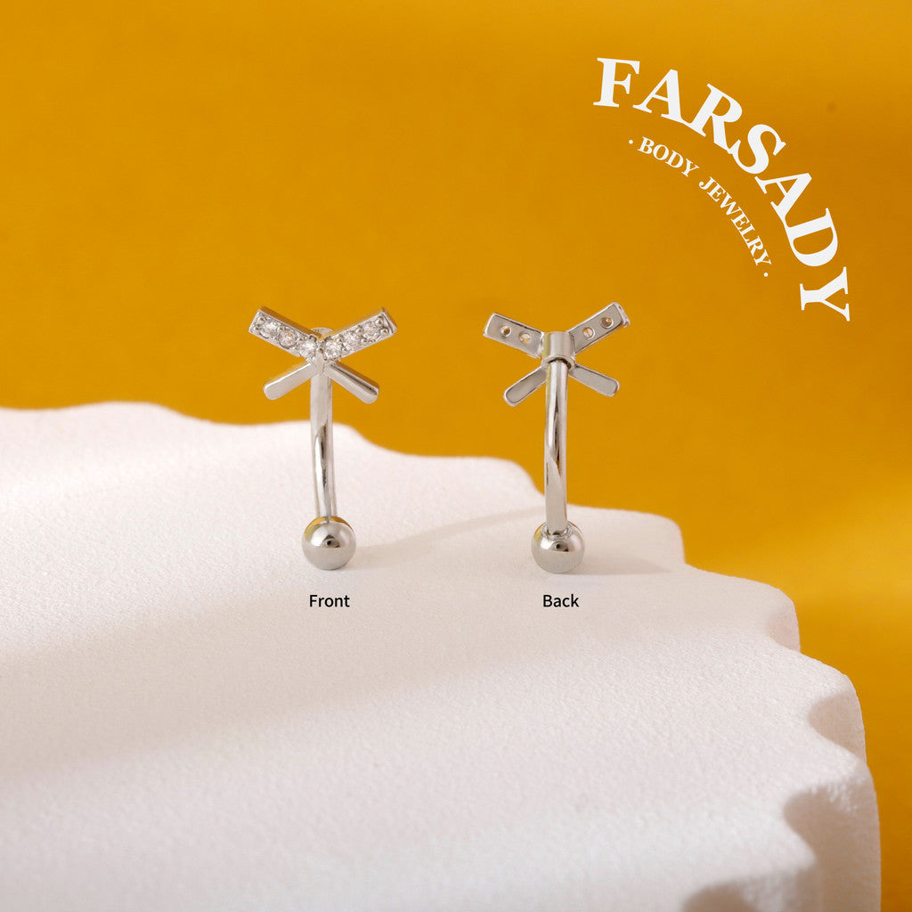 Cross Star Trace - 316L Clear CZ Curved Barbell / Fits 16G Rook Daith Earring Lip Eyebrow Cartilage Piercing