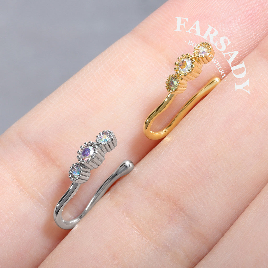 Three Bezel AB CZ Hook - 925 Silver Fake Nose Ring / Fit Non-Pierced Nose Ring