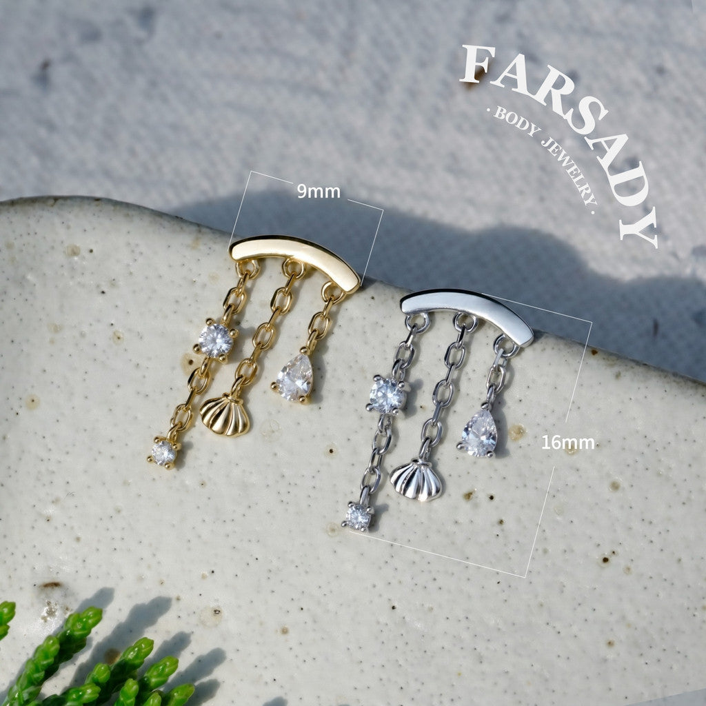 Shell Veil - 925 Silver Threadless Directional Stud / Fits Cartilage Helix Tragus Lobe Earring