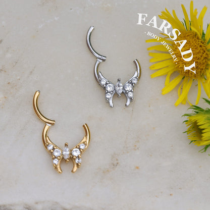 Fairy Wing - CZ Hinged Clicker Hoop / Fits 16G Septum Ring Helix Conch Cartilage Earring
