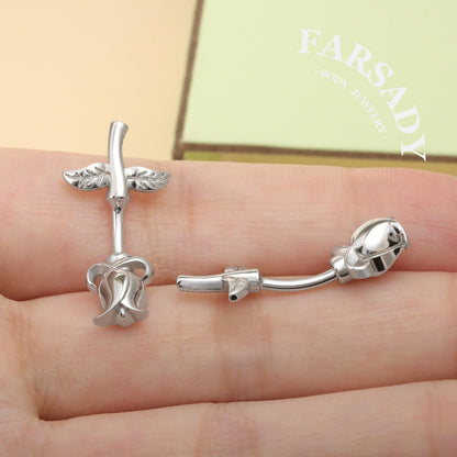 Tulip Bud Stem - 925 Silver Pink CZ Belly Button Ring / Fits 14G Navel Piercing