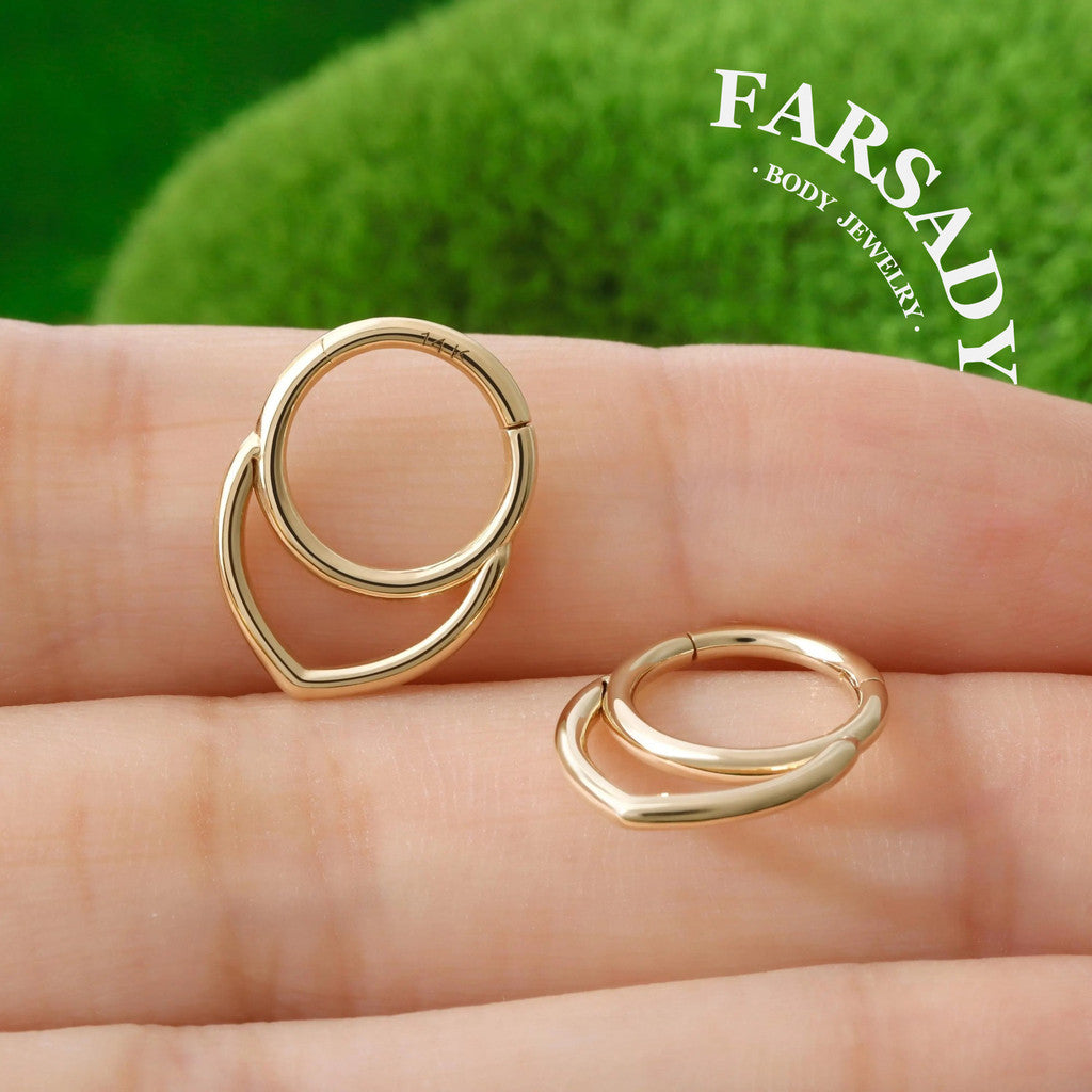 Nested Heart - Solid 14K Gold Hinged Clicker Hoop / Fits 16G Septum Ring Helix Conch Cartilage Earring