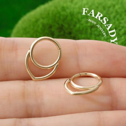 Nested Heart - Solid 14K Gold Hinged Clicker Hoop / Fits 16G Septum Ring Helix Conch Cartilage Earring