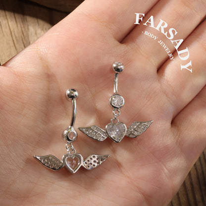 Winged Heart Drift - 925 Silver Clear CZ Belly Button Ring / Fits 14G Navel Piercing