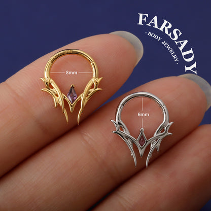 Thorn Diamond Shape Amethyst CZ Septum Ring Sterling Silver Plated 18K Gold Alt Fashion Sharp Spike Daith Earring Helix Tragus Conch Hoop Daily Wear Gothic Gift Jewelry