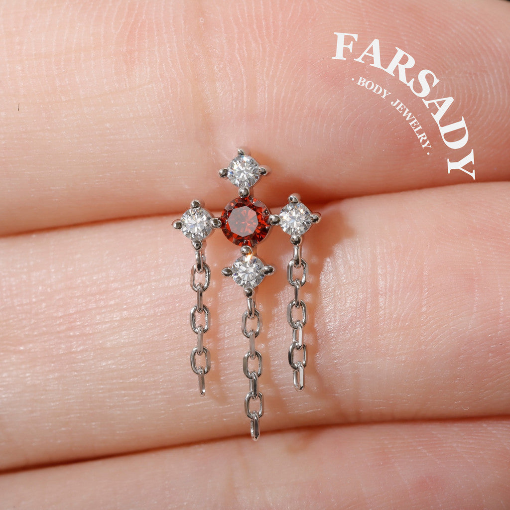 Dangle Helix Earring Flat Back,Red CZ Threadless Push In Stud,Tragus Lobe Conch Cartilage Jewelry Sterling Silver Plated 18K Gold, 16/18/20G
